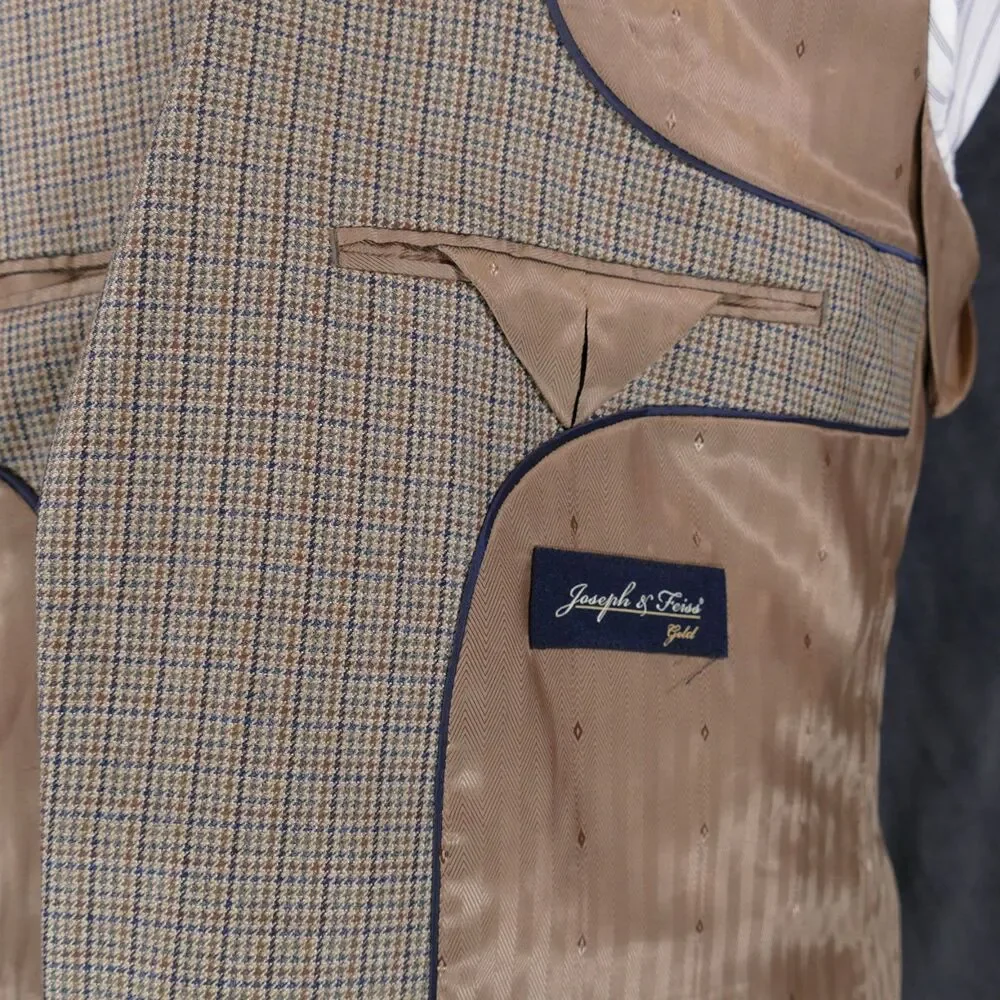 Joseph & Feiss Gold Sport Coat Blazer Mens 42R Beige Houndstooth Silk Wool